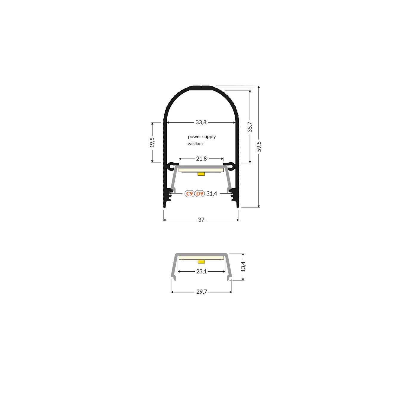 Surface-mounted linear luminaire Nami-23 (59,5×37mm) 230V